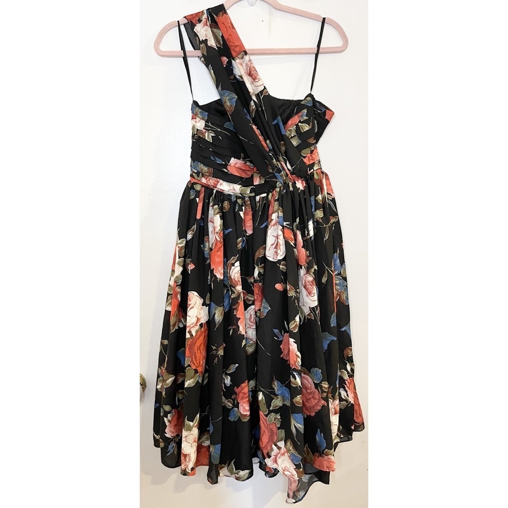 Unique Vintage Black Floral One Shoulder Dress M Retro Rockabilly Party Full - Picture 3 of 7
